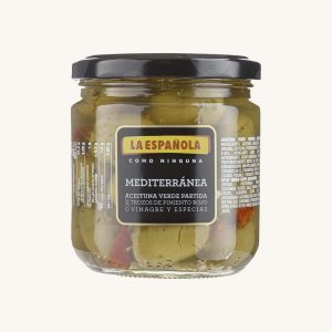 Aliñadas "Mediterránea" split green olives, with red pepper, vinegar and spices, jar