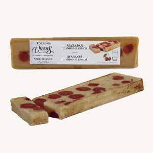 Torrons Vicens artisan marzipan nougat with Kirsch Cherries (turrón / torró de mazapán con cerezas al Kirsch), bar