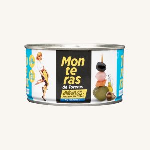 Toreras Kimbo Monteras de Toreras – Banderillas (pickle skewers) with a black olive on top, non-spicy, in olive oil, can 120 g drained