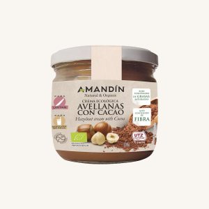 Amandín natural and organic hazelnut cream with cocoa (crema ecológica de avellanas con cacao), jar