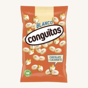 Blanco Conguitos, white chocolate-covered peanuts (cacahuetes recubiertos de chocolate blanco), extra large bag