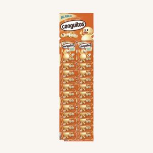 Blanco Conguitos, white chocolate-covered peanuts (cacahuetes recubiertos de chocolate blanco),  panoply with 24x18g sachets