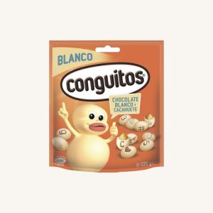 Blanco Conguitos, white chocolate-covered peanuts (cacahuetes recubiertos de chocolate blanco), medium bag