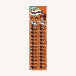 Conguitos Original, dark chocolate-covered peanuts (cacahuetes recubiertos de chocolate negro), panoply with 24x18g sachets