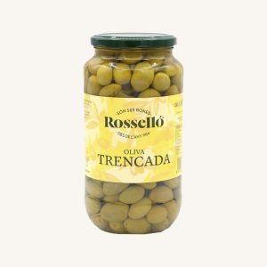 Rosselló split green olives farmer style (oliva trencada / partida estil Pagès), from Mallorca, large jar