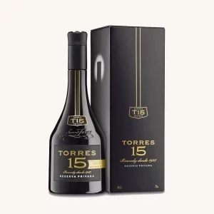 Torres 15 brandy Imperial, Reserva Privada, Solera method, Brandy de Penedès, from Catalonia, bottle