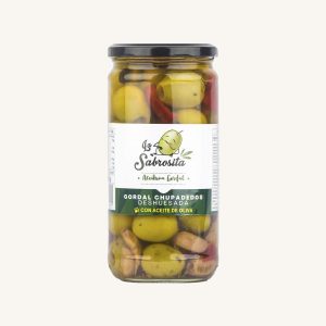 La Sabrosita Gordal Chupadedos pitted olives with olive oil, from Seville, jar